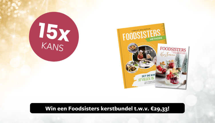 Promotieafbeelding voor de Foodsisters kerstbundel met 15x kans om te winnen, inclusief een boekomslag en feestelijk kerstmenu tegen een gouden achtergrond.