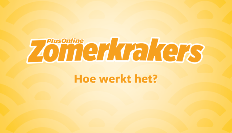 Afbeelding met de tekst "PlusOnline Zomerkrakers – Hoe werkt het?" op een gele achtergrond met boogpatroon.