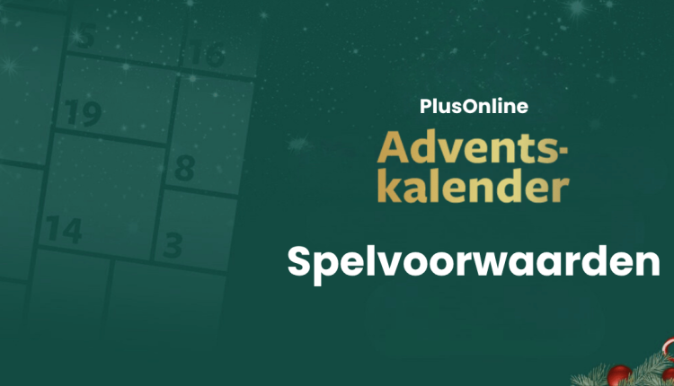 Afbeelding met de tekst ‘PlusOnline Adventskalender – Spelvoorwaarden’ op een groene achtergrond met kerstdecoratie