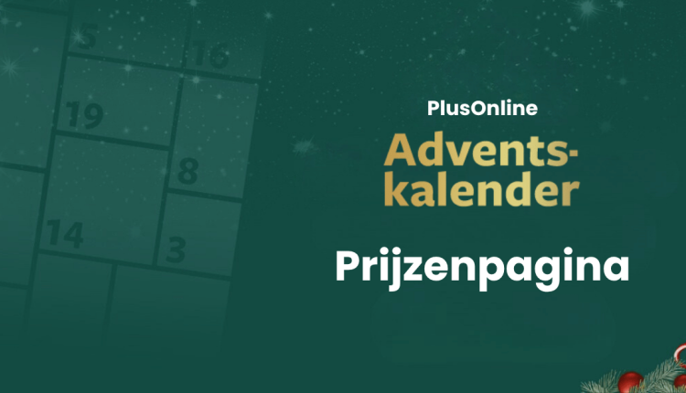 Afbeelding met de tekst ‘PlusOnline Adventskalender – Prijzenpagina’ op een groene achtergrond met kerstdecoratie.