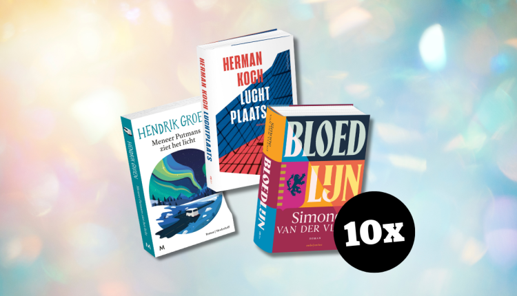 Kans op 10x boekenpakket met drie titels: Meneer Putmans ziet het licht, Luchtplaats en Bloedlijn, getoond tegen een zachte winterse achtergrond.