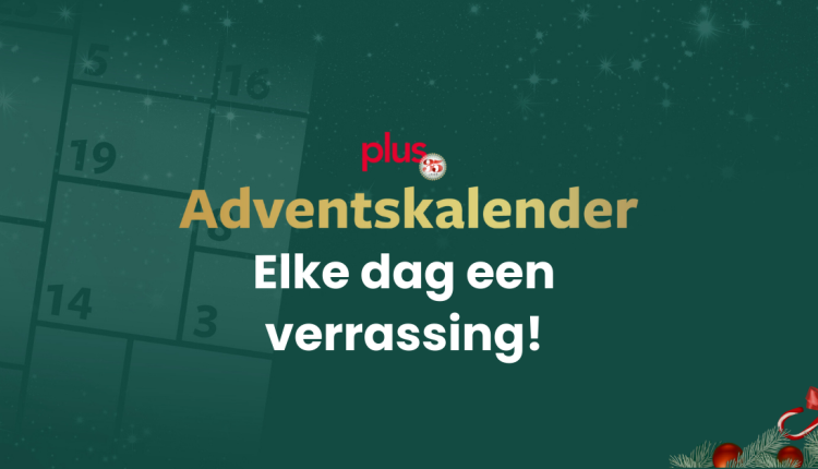 Visual van de Plus Adventskalender met de tekst: “Elke dag een verrassing!”