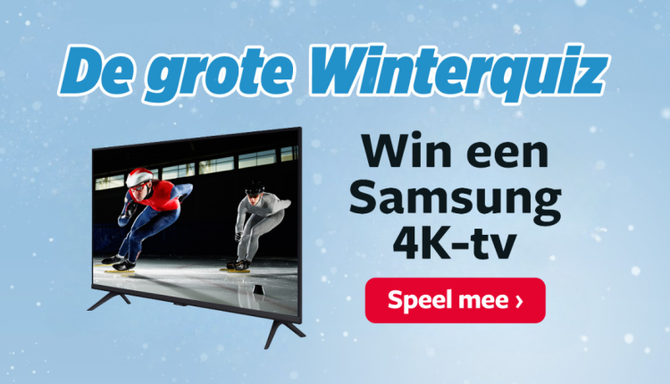 Banner met de titel “De grote Winterquiz”, een afbeelding van schaatsers op een Samsung 4K-tv en de tekst “Win een Samsung 4K-tv” met een rode knop “Speel mee”.