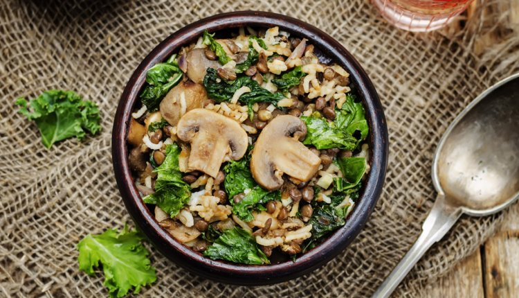 Boerenkool met vegetarische reepjes en paddenstoelen