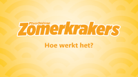 Afbeelding met de tekst "PlusOnline Zomerkrakers – Hoe werkt het?" op een gele achtergrond met boogpatroon.