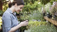 Vrouw met kruidenplantje in de tuin