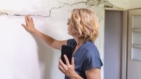 Vrouw voelt aan scheur in de muur
