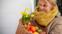 Vrouw met fruit en narcissen in een mand