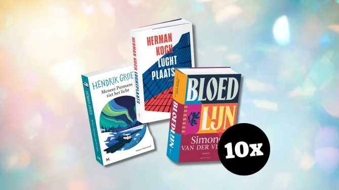Kans op 10x boekenpakket met drie titels: Meneer Putmans ziet het licht, Luchtplaats en Bloedlijn, getoond tegen een zachte winterse achtergrond.