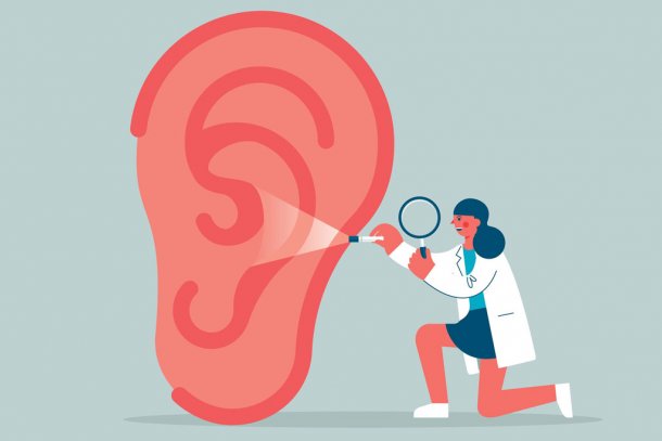 Illustratie van een KNO-arts die in het oor kijkt