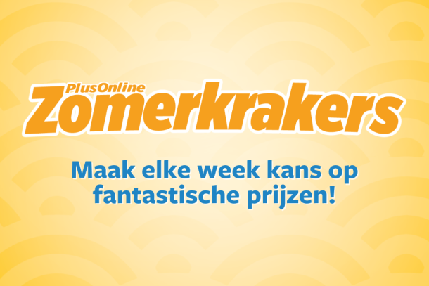 Afbeelding met de tekst "PlusOnline Zomerkrakers – Maak elke week kans op fantastische prijzen!" op een gele achtergrond met boogpatroon.