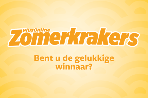Afbeelding met de tekst "PlusOnline Zomerkrakers – Bent u de gelukkige winnaar?" op een gele achtergrond met boogpatroon.