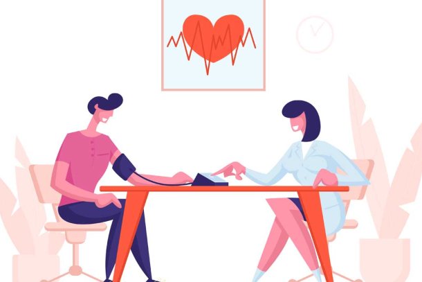 Illustratie van patient met hoge bloeddruk bij de dokter