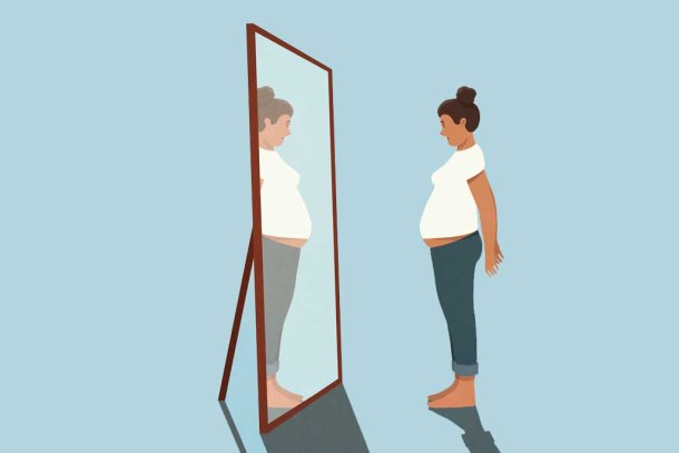 Illustratie van vrouw die in spiegel kijkt