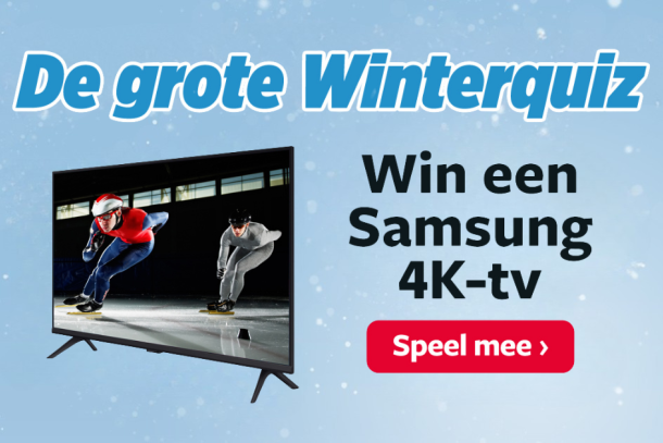 Banner met de titel “De grote Winterquiz”, een afbeelding van schaatsers op een Samsung 4K-tv en de tekst “Win een Samsung 4K-tv” met een rode knop “Speel mee”.